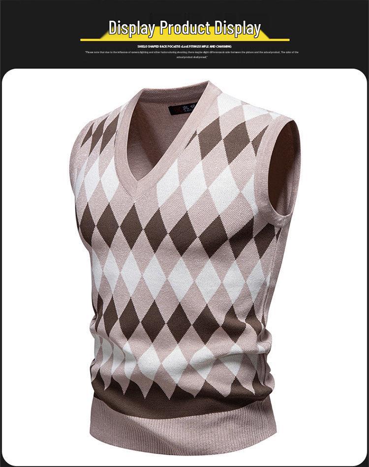 Men's Trendy V-Neck Plaid Color Block Knit Vest - Autumn/Winter Casual Warm Layer