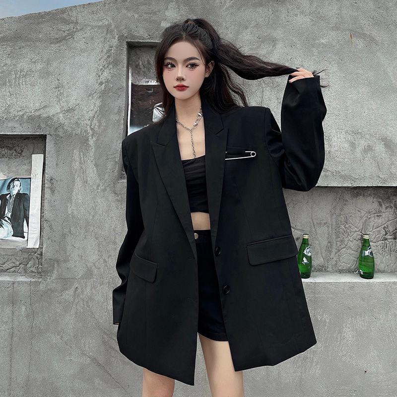 Cappotto Premium Nero Oversize dal Design Unico per Donna, Blazer Top Chic Street Fashion Taglia Piccola con Sensazione di Alta Gamma