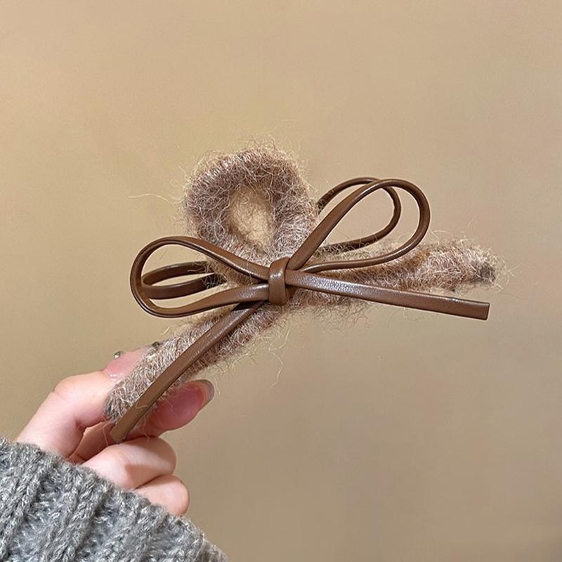 Plush Leather Bow Large Hair Claw Autumn/winter Furry Headband Womans Elegant Hair Pins Shark Clips Female Fashion Barrettes