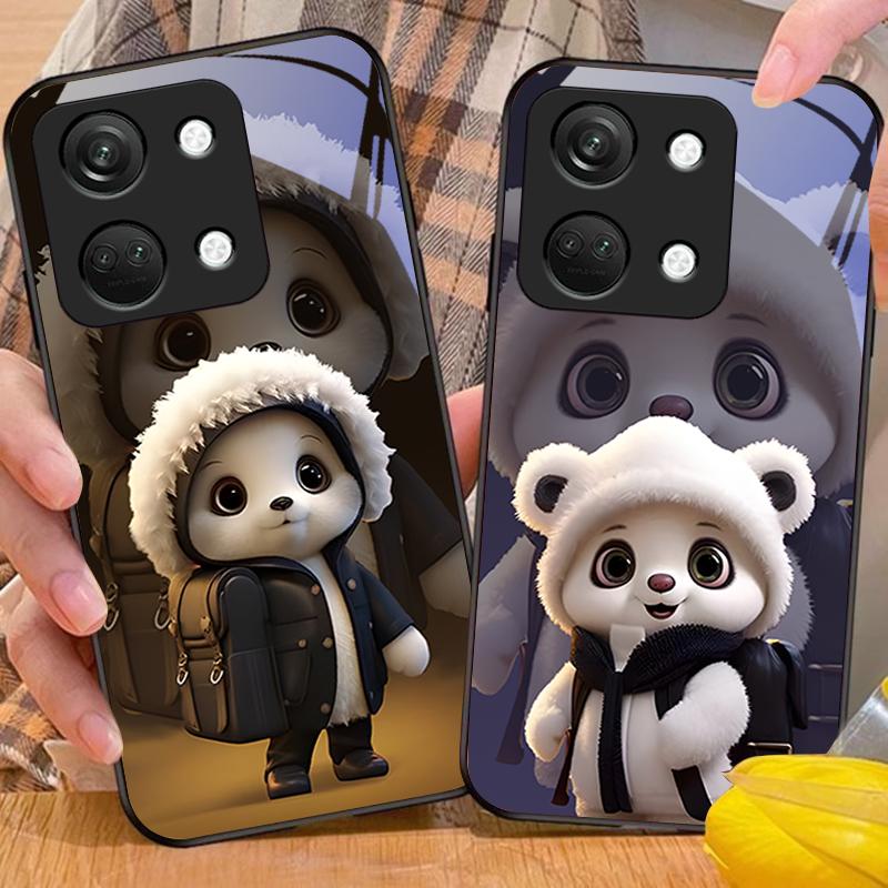 Cute Little Panda For OnePlus Nord 3 5 6T 7 Pro 8 12 10T Reno8 Lite 5G 10R Nord N30 Hard Shell Tempered Glass Phone Case Black