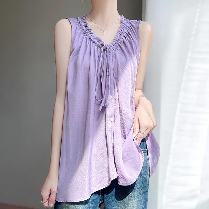 Summer New V-neck Drawstring All Match Korean Women's Top Elegant Sleep Loose Solid Color Comfortable Vest