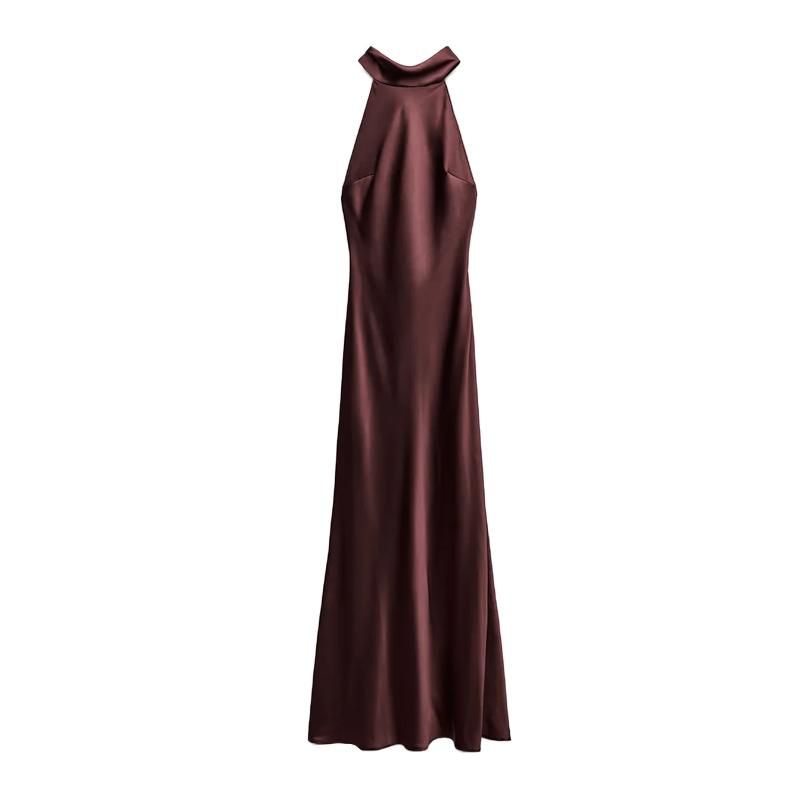 Spring New Sleeveless A- line Formal Dress Halterneck Silk Satin Texture Half Turtleneck Dress 8739331
