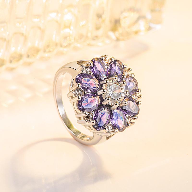 2026 Diamond Flower Ring Women's European and American Petal shaped Ring Inlaid with Amethyst Zircon Ring