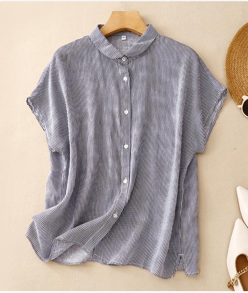 

Летняя Простая Хлопково-Льняная Женская Футболка с Коротким Рукавом в Полоску Свободные Топы Женские Блузки XXL