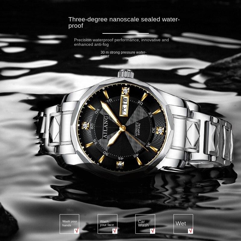 AILANG Montre mécanique entièrement automatique pour hommes Montre pour hommes Mode Double Calendrier Pierre Acier Montre étanche