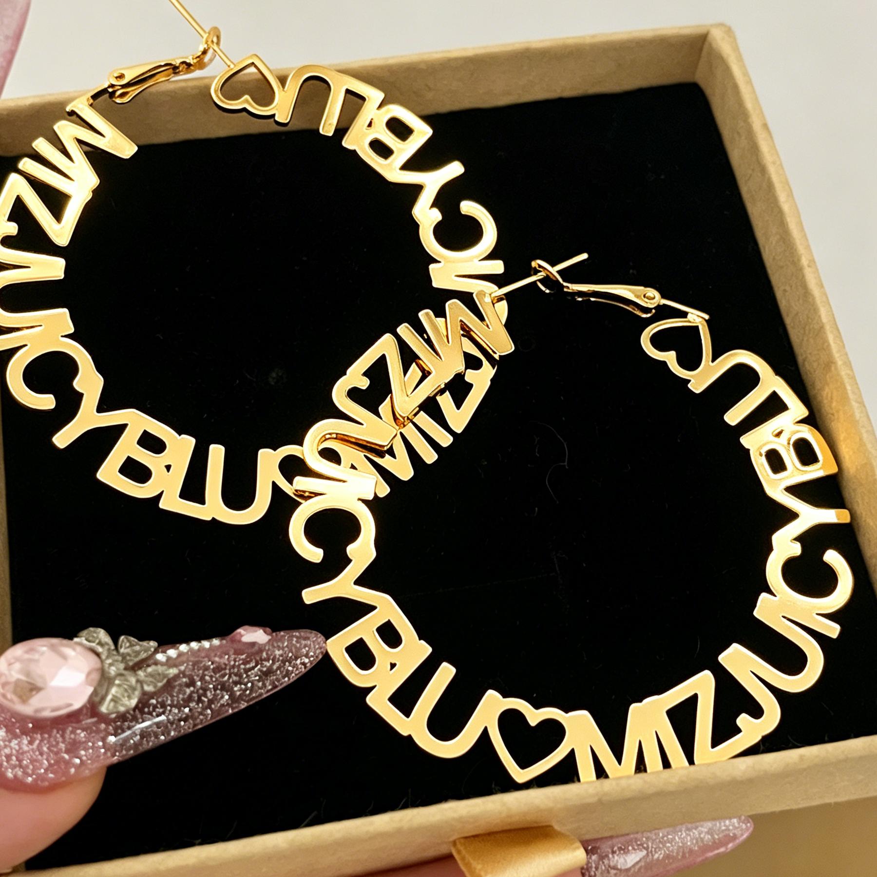 Custom Name Letter Hoop Earrings with Heart 18K Gold Plated Personalized Nameplate Flat Hoop Jewelry Hoop Earrings Gifts 50mm золотистый