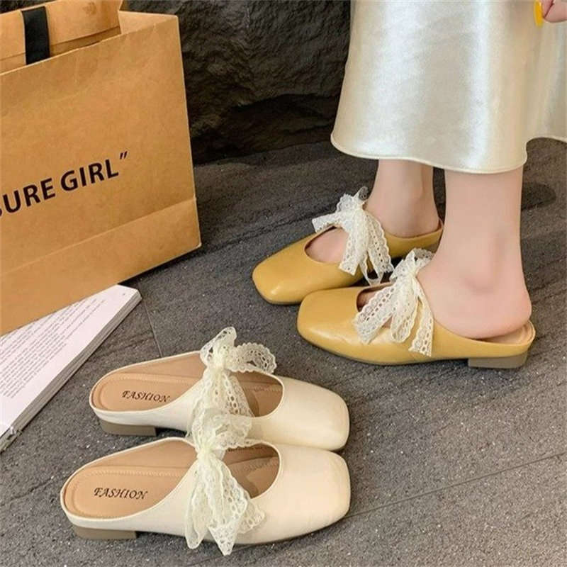 Low-heeled Lace Bow Mary Jane Sandals Women's Outer Wear 2025 Spring and Summer New French Beautiful Bag Head Half Slippers
