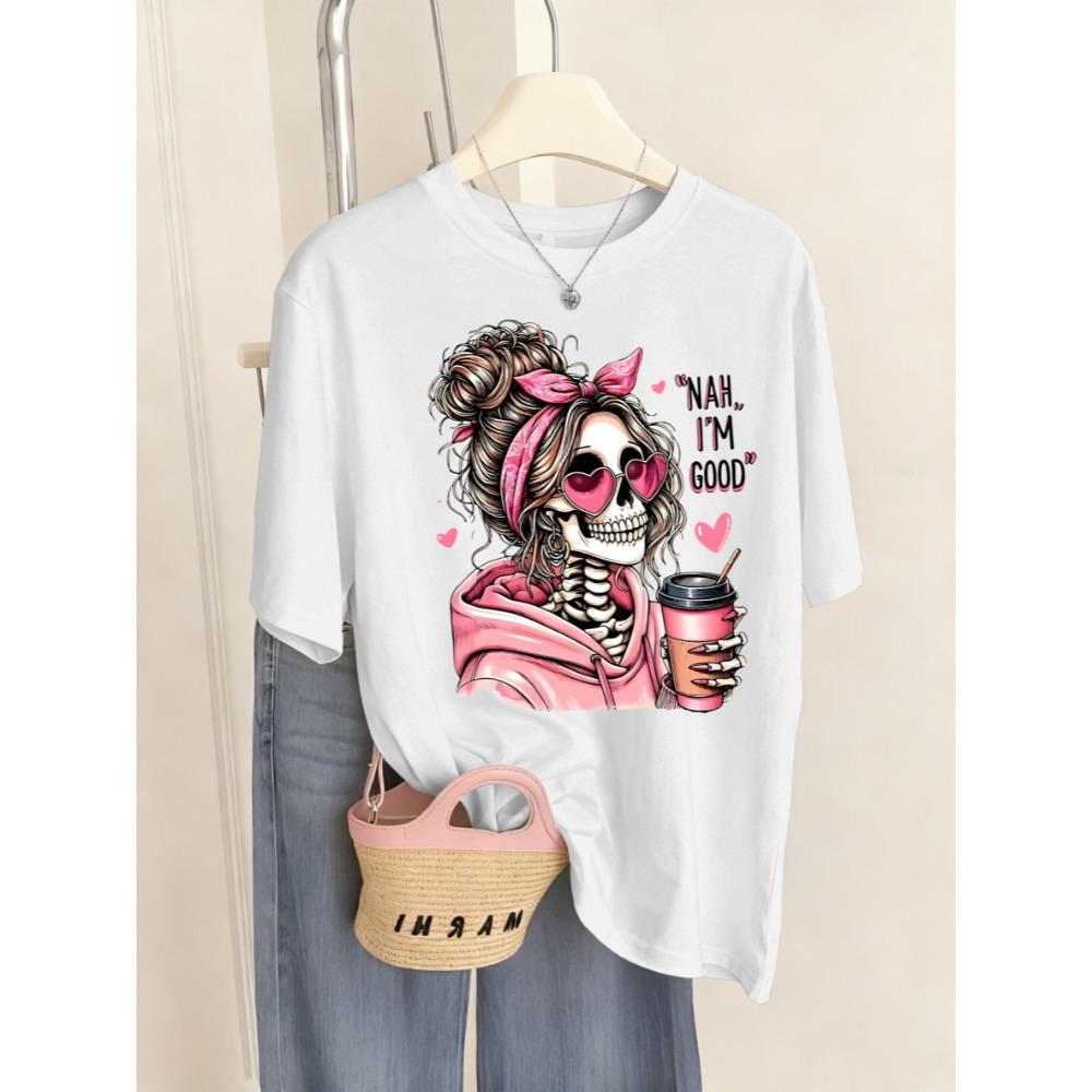 I'M Good Coffe Skulls Printed T-Shirt Women Crewneck Casual T Shirts Comfortable Summer Short Sleeve Soft Tee Top