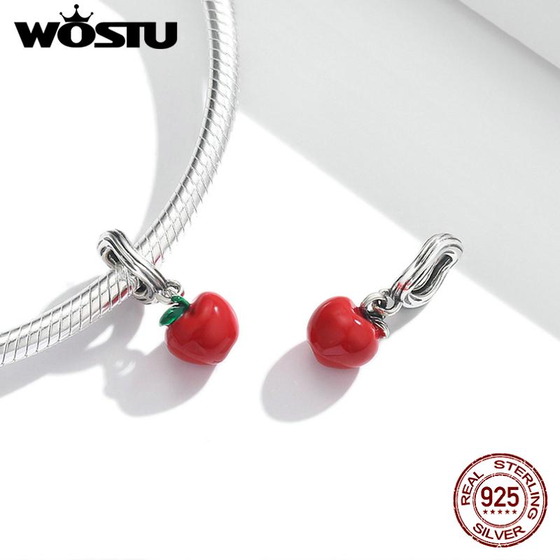 WOSTU Hypoallergenic Red Apples & Green Leaves 925 Sterling Silver Charm Pendant Beads Fit Original Bracelet Pendant Fine Jewelry