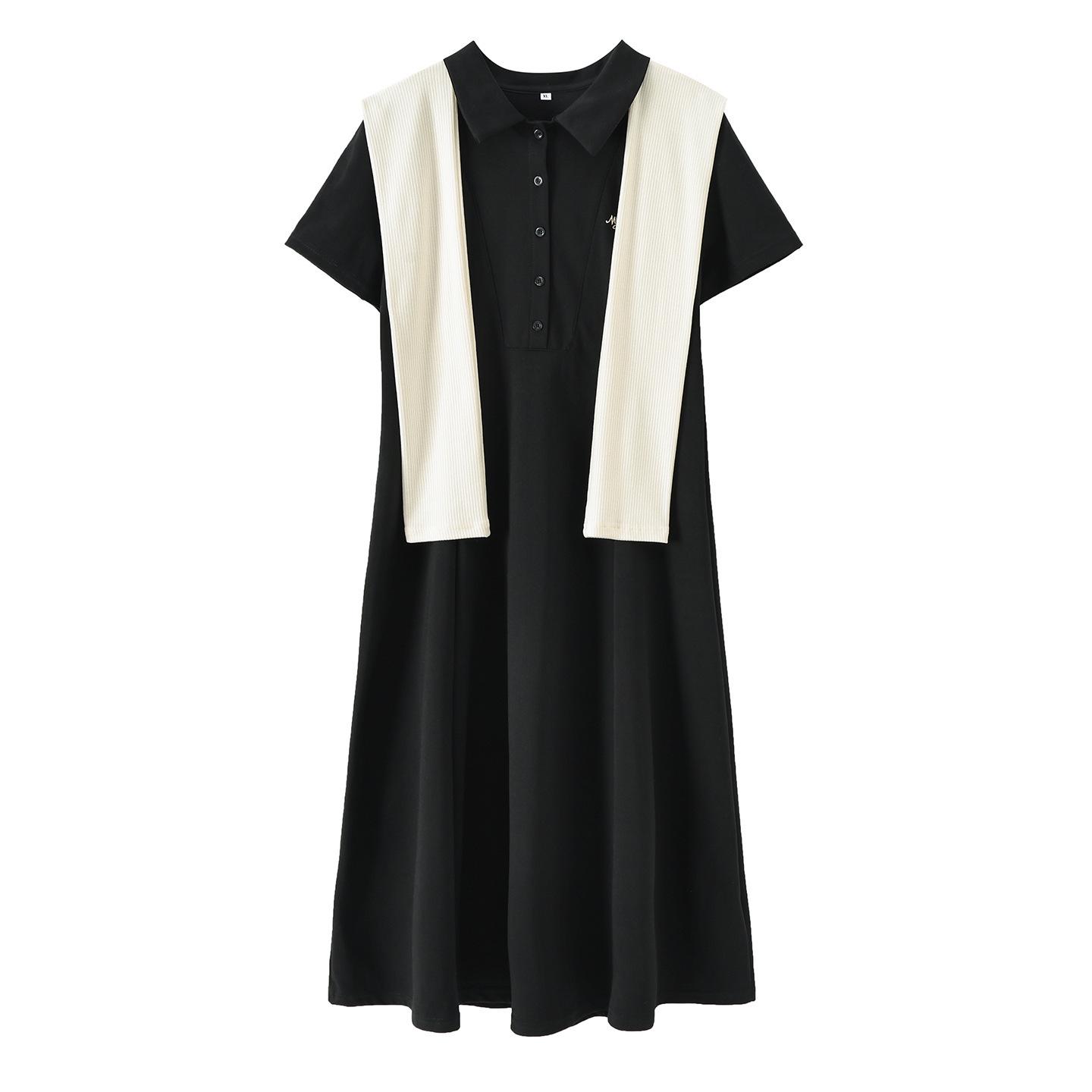 

Zhi Xuan Plus Size Women s College Style Shawl Polo Collar Waist-Cinching Slimming Long Dress XL (approx. 65-72.5 kg) чорний