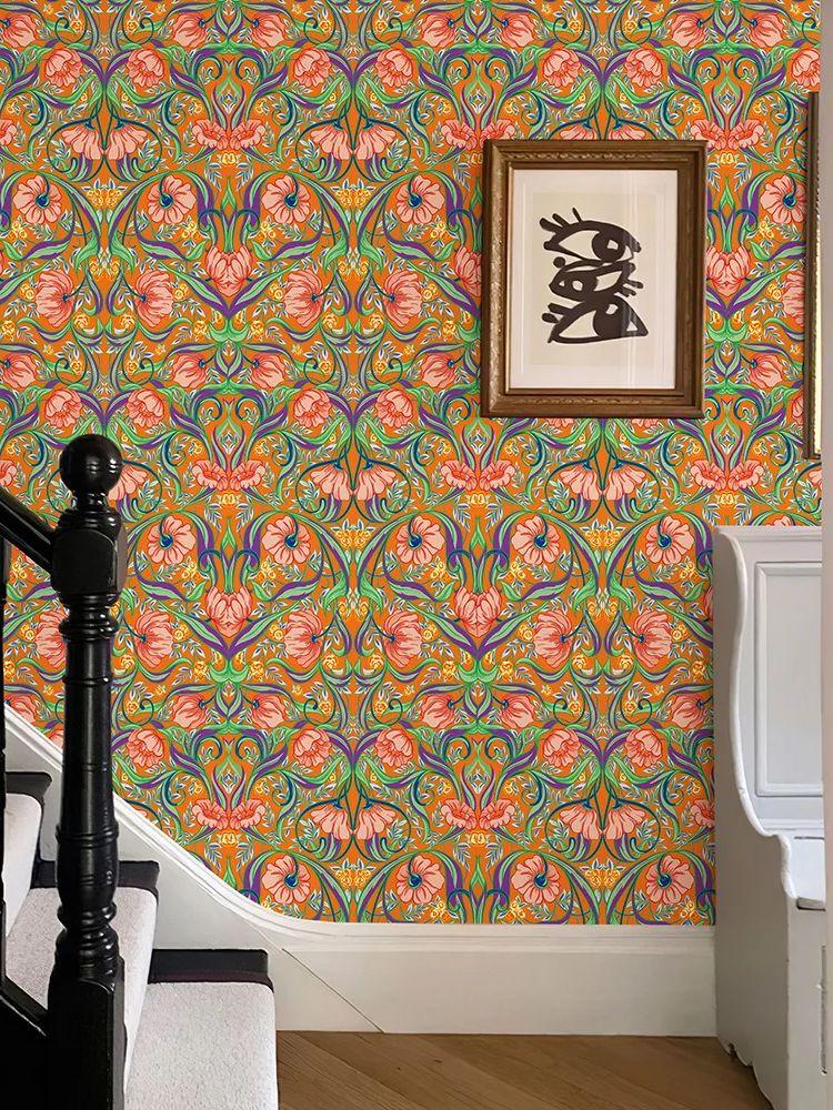 

Оранжевые Бохо Цветы Виниловые Обои Ретро Самоклеящаяся ПВХ Наклейка для Шкафа Шикарный Водонепроницаемый Декор для Стен Кухни и Ванной 44cmx300cm