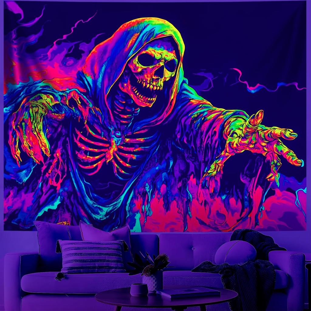 BVBOX Castle Blacklight Halloween Tapestry Horror Moon Night Scary Cemetery Pumpkin Lantern Halloween Tapestry Wall Hanging Skul