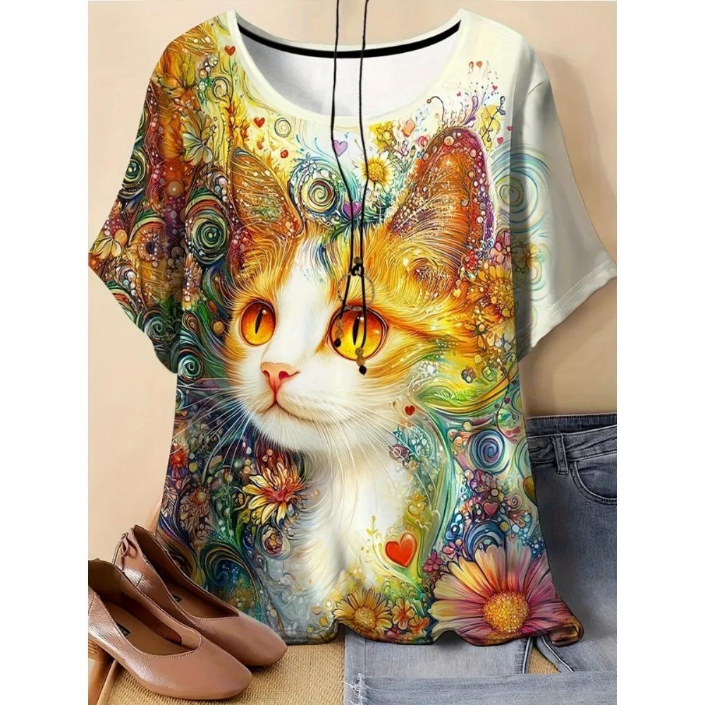 Ladies Fashionable Comfortable Printed Animal T-shirt Interesting Animal Cat Patterns Loose Breathable Large Size Short Sleeved T-shirt