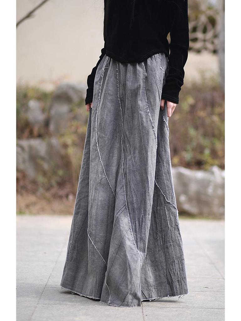 Spring/Summer Ramie Tie-Dye Patchwork Midi Skirt with Frayed Edges