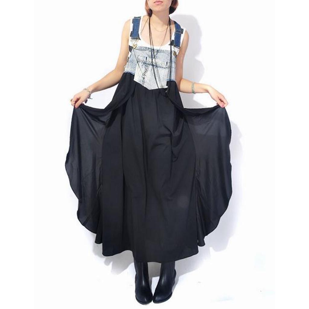 Women's Summer Casual Jeans Splicing Chiffon Strap Ruffles Dress