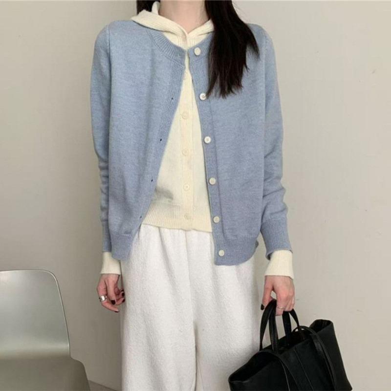 Fake Two-piece Color Matching Hooded Knitted Cardigan Women's Autumn and Winter New Lazy Wind Casual Small Sweater Jacket