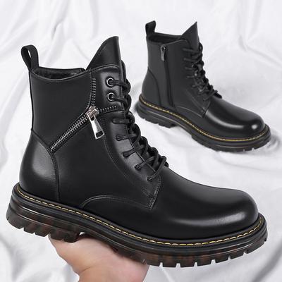 Martin Boots Men's Winter Velvet Thermal Leather Boots Men's Leather High-top Leather Shoes Locomotive Boots Zipper Cotton Boots Men's