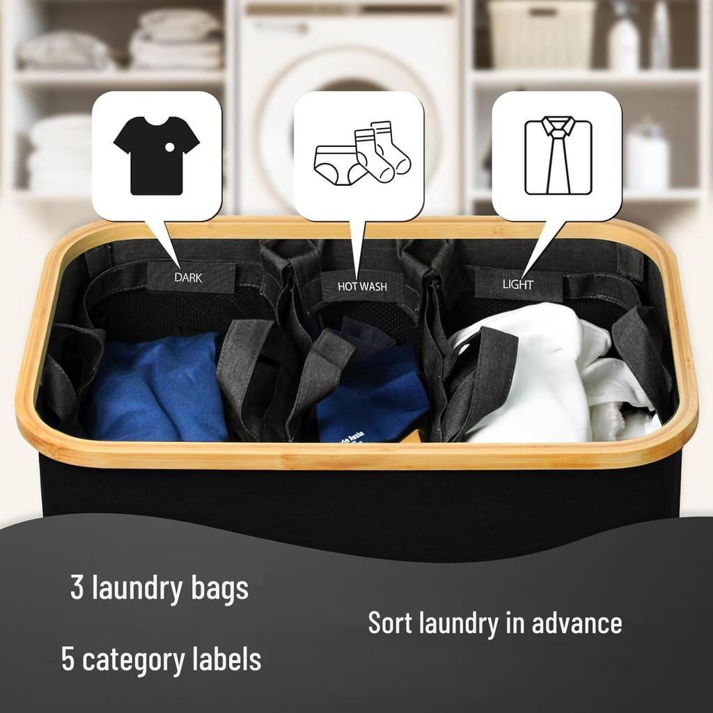 Foldable Bamboo Laundry Hamper with Lid and Inner Bag for Bedroom Storage.