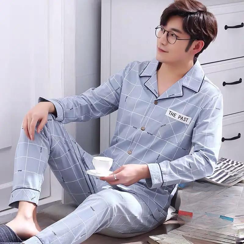 Pijama de Algodão Masculina de Primavera e Verão Calças de Manga Comprida Fato de Pijama para Meninos Fato Casual Homewear para Adolescentes