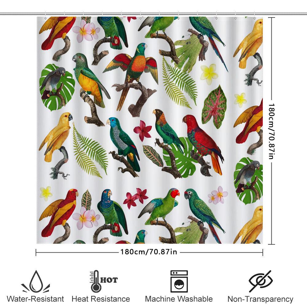 Vivid Parrot Shower Curtain: Waterproof Fabric with Tropical Bird Design Decorative Bath Rug Made from Recycled Plastic