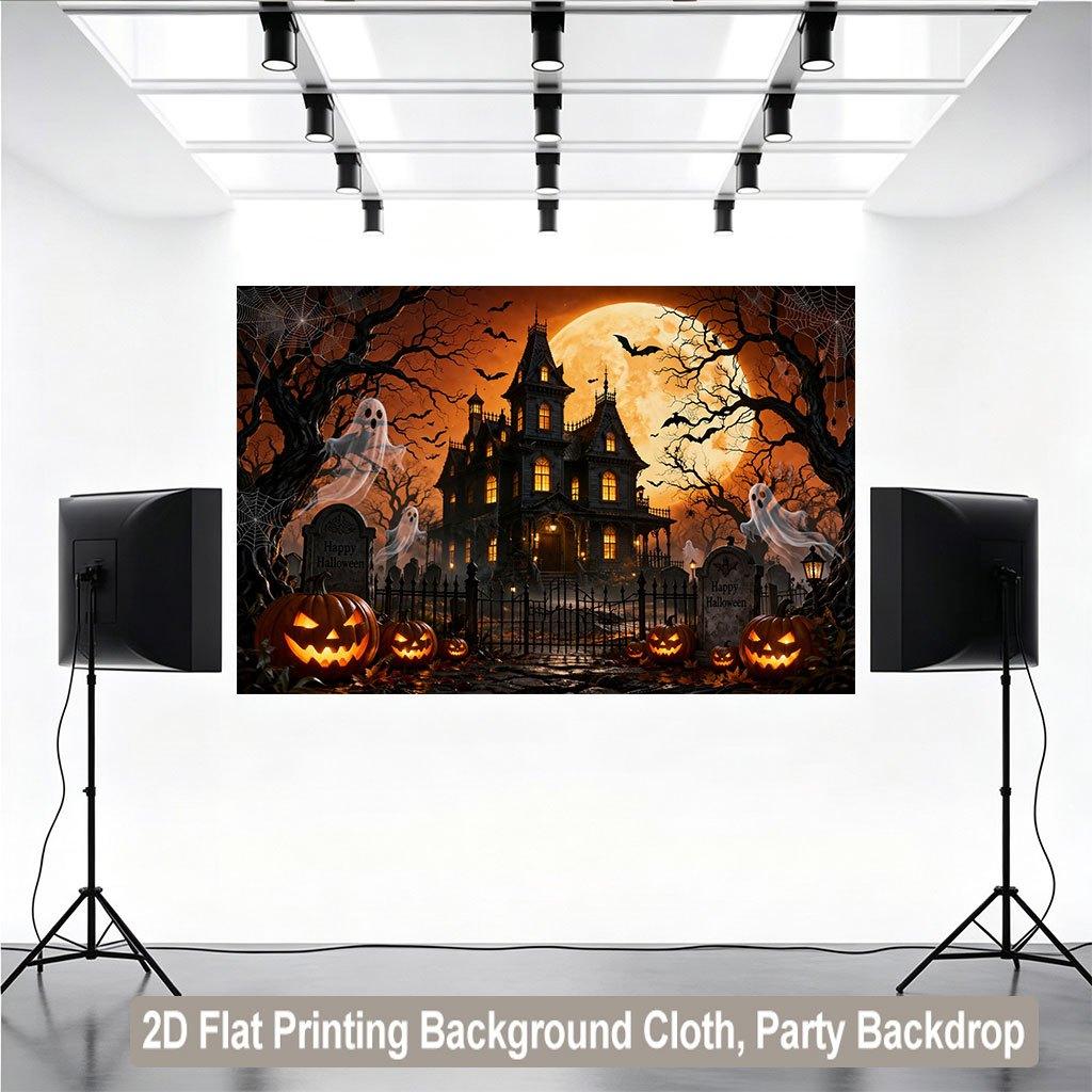 1 piece of 2D flat background fabric, a banner featuring a gathering of pumpkin ghosts on Halloween night, suitable for parties