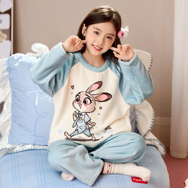 Girls Flannel Pajama Set Cartoon Warm Homewear Kids Winter