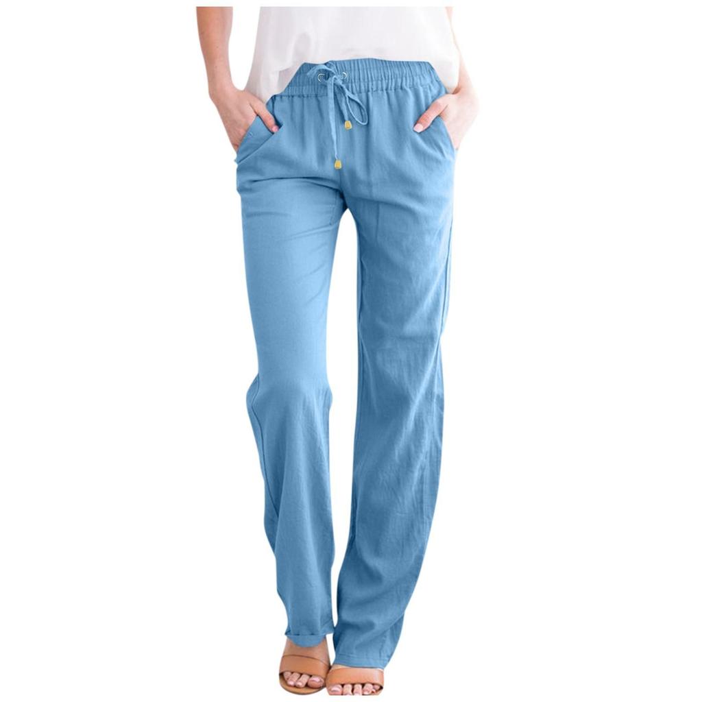Frauen Casual Baumwolle und Leinen solide Kordelzug elastische Taille lange gerade Hosen
