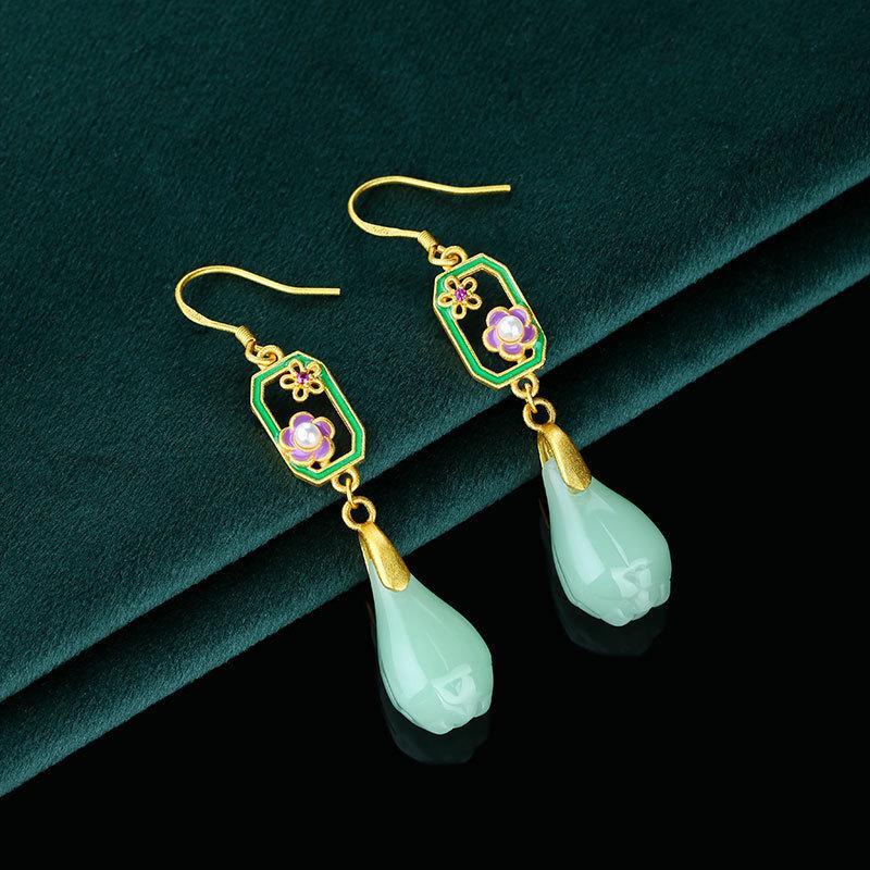 Chinese-Style Cloisonné Imitation Kingfisher Green 925 Silver Needle Earrings for Girls, Qipao, Hanfu, Ma Mian Skirts Gold Plated