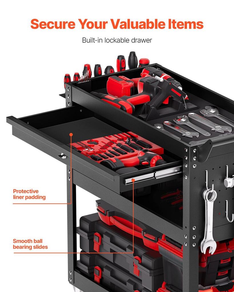 4-Tier Tool Cart On Wheels 350 Lb Rolling Work Cart with Drawer & Pegboard