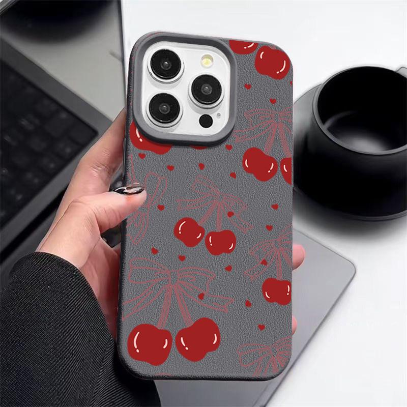 Leather Texture TPU Soft Phone Case For iPhone 16 Pro Max 15 Pro 14 13 12 11 Bowknot Cherry Print Slim Shockproof Matte Bumper Cover