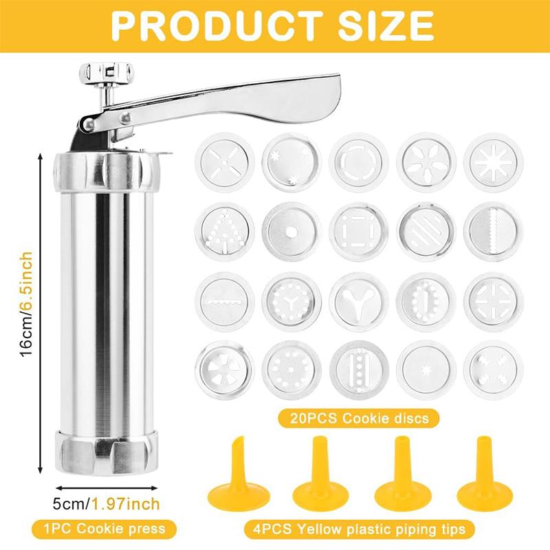 Cookie Press Gun Kit Stainless Steel Biscuit Press Cookie Gun Set with 20 Cookie Discs and 4 Nozzles for DIY Biscuit Maker JT441