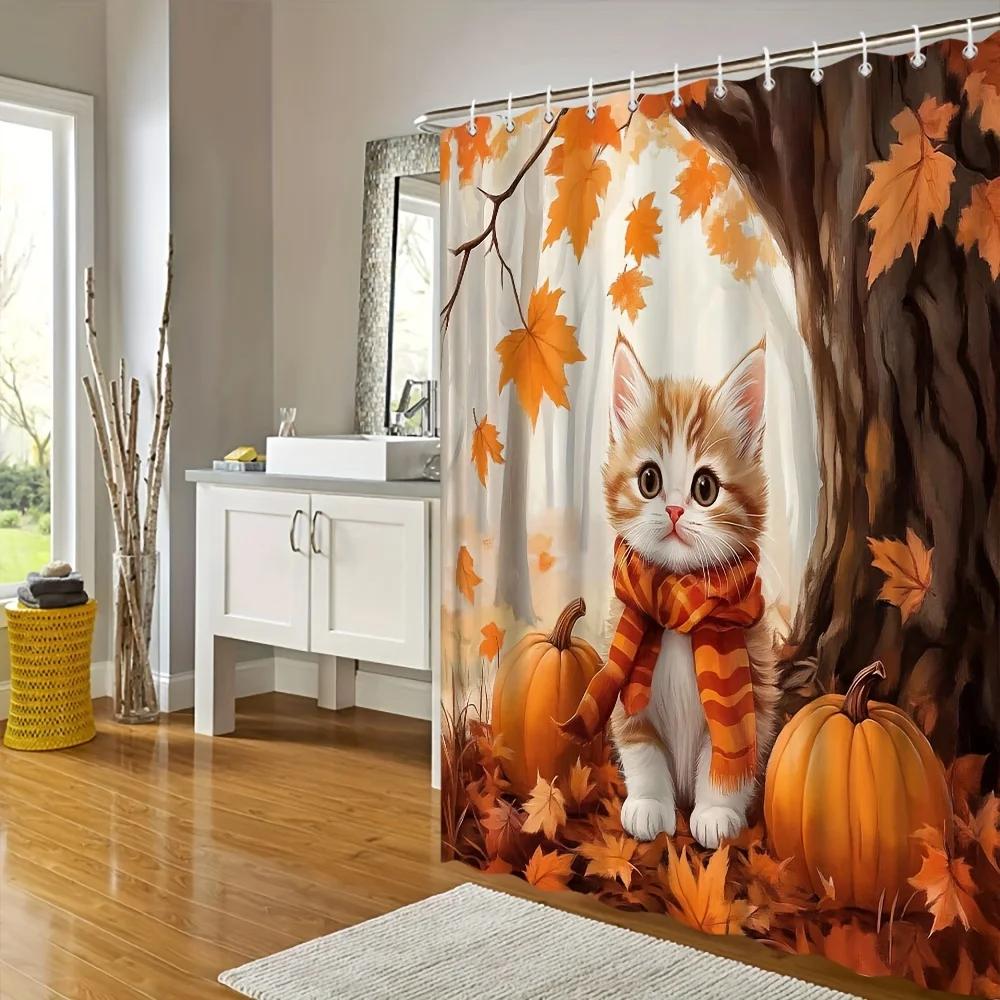 Autumn Cat Shower Curtain - Maple Tree & Pumpkin, Forest Landscape, Polyester, 12 Hooks, Bathroom Decor