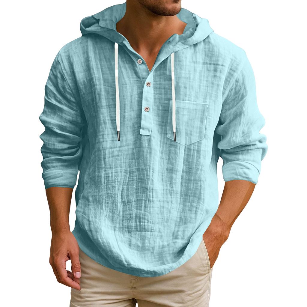 Men's Hooded T-shirt Solid Color Cotton And Linen Men's Casual Long-sleeved Top