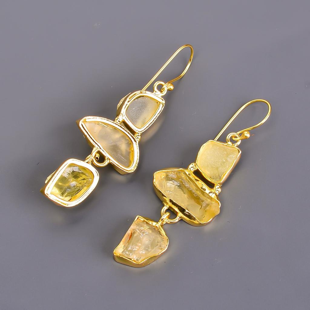 Citrine Gemstone Gold Plated Elegant Electroformed Dangle Drop Earrings Jewelry V-116