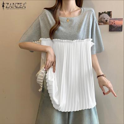 Damen Patchwork Locker Lässig Rundhals Kurzarm T-Shirts