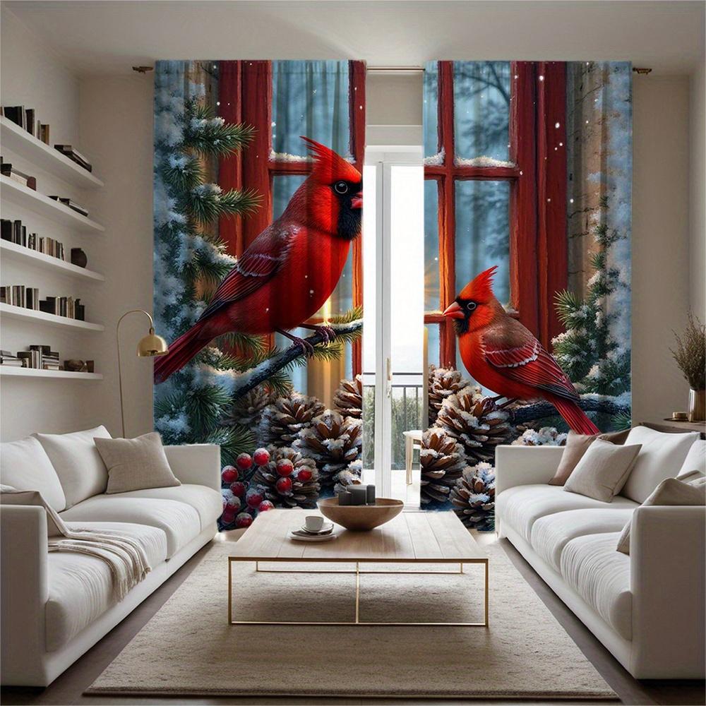 Light Filtering Winter Cardinal Curtains Pine Cone Candlelight Snow Scene Semi Opaque Polyester Living Room Bedroom Curtain Set Of 2 Made Washable