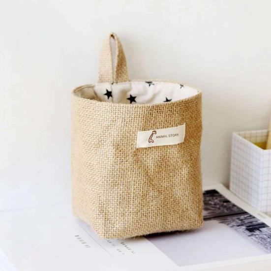 Cotton Linen Hanging Storage Bag Wall Mounted Storage Basket Small Folding Storage Bag with Handle for Keys Toys Cosmetics