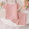 Girls' Fashionable Pink Outfit - Summer Children's Simple Short-sleeved Bow Tie Shorts Set