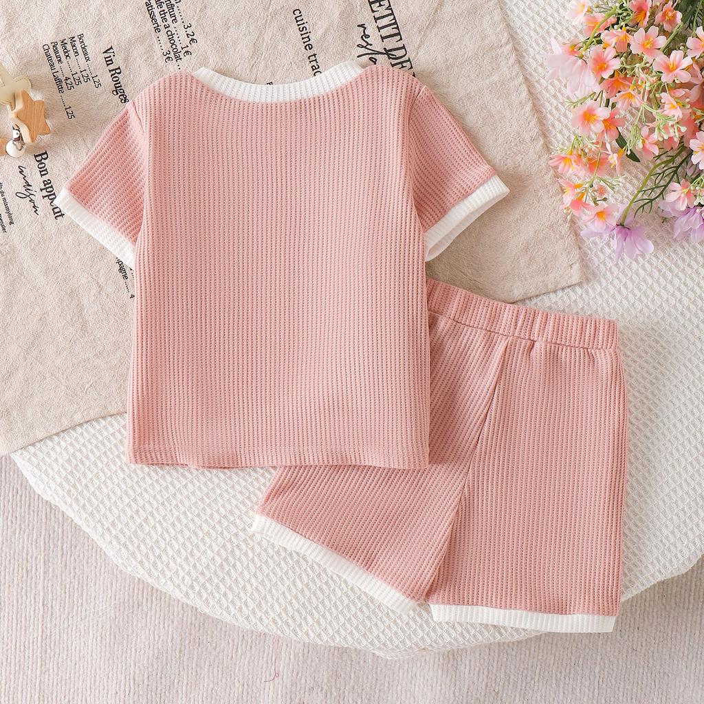 Girls' Fashionable Pink Outfit - Summer Children's Simple Short-sleeved Bow Tie Shorts Set