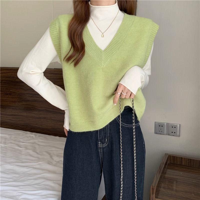 Women Sweater Vest Solid Vintage Casual Spring V-Neck Design Sleeveless Vest Elegant Waistcoats