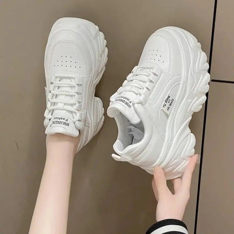 White Black Chunky Sneakers Women Spring Autumn Thick Bottom Shoes Woman's Fashion PU Leather Platform Sneakers Ladies Lace-up