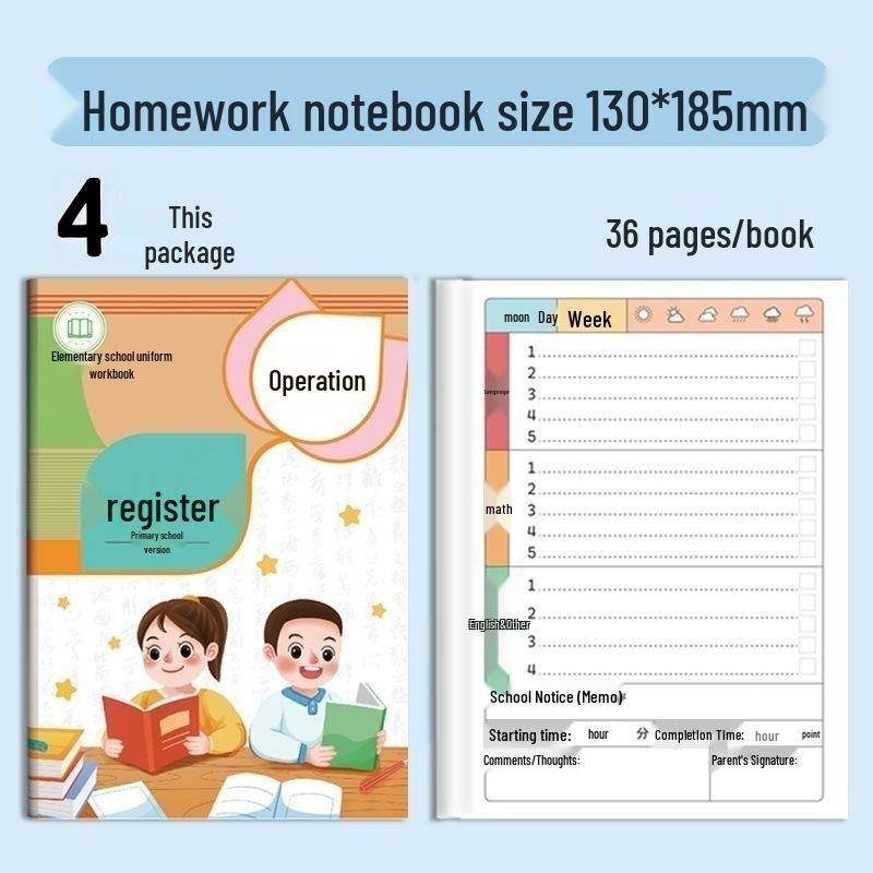 Set of 4 Homework Notebooks: Ideal for Primary School Students to Record Classroom Notes and Homework.