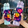 1PC Big Round Multicolor Flower Bouquet Print 750ml Color Plastic Sports Water Bottle Leakproof Flip Straw Lid Suitable for Sports Office Home Use