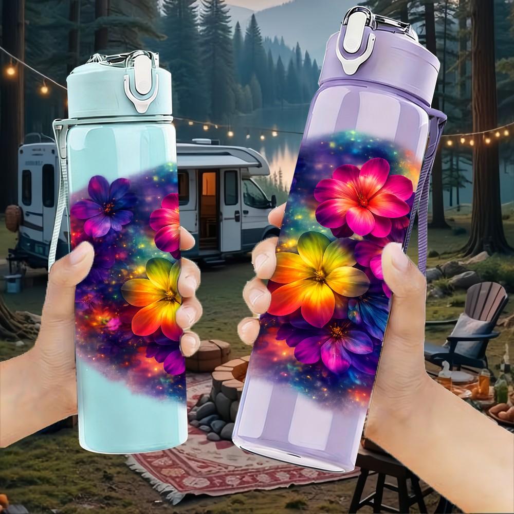 1PC Big Round Multicolor Flower Bouquet Print 750ml Color Plastic Sports Water Bottle Leakproof Flip Straw Lid Suitable for Sports Office Home Use