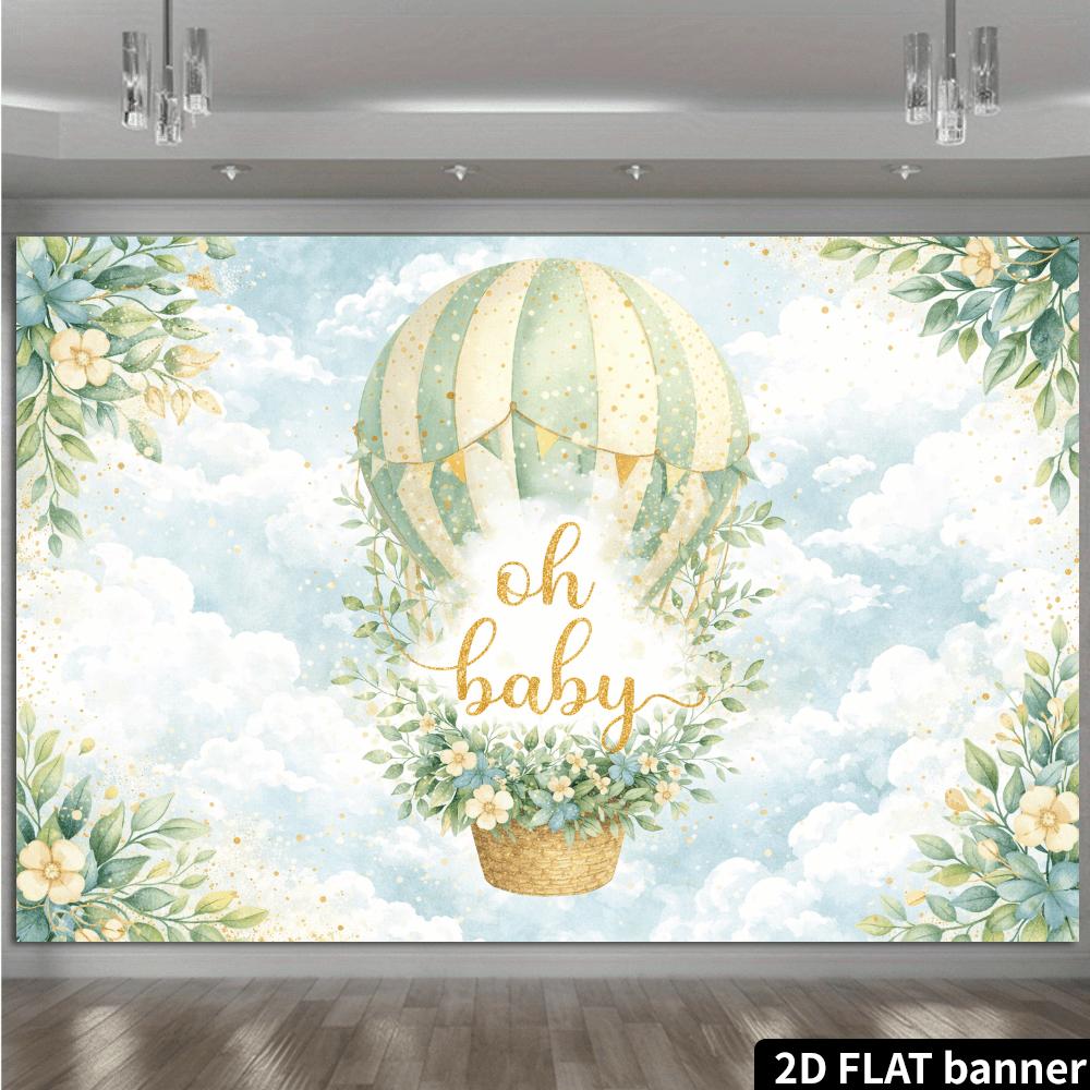 Hot air balloon oh baby baby shower backdrop fabric. Hot air balloon white clouds green plants scene. Polyester.