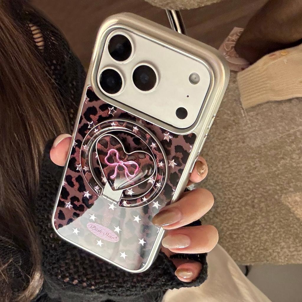 Leopard Print Bow Case Suitable for Apple 17 Pro Max, 13 Gold-plated Magnetic Stand, iPhone 16 Sweet and Cool 15