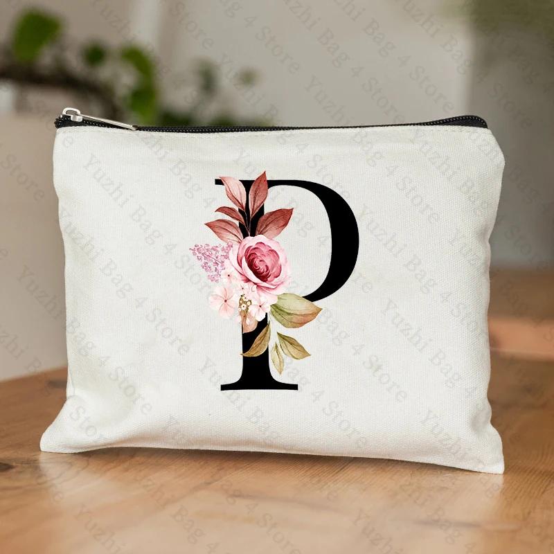 A-Z Alphabet Cosmetic Storage Bag Initial Graduation Gifts for Teacher Flowers Print Toiletry Bag for Bridesmaids Wedding Gifts