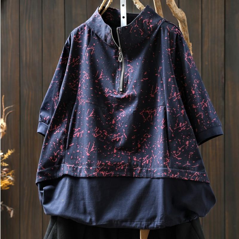 Johnature Women Vintage Print Floral T-Shirts Turtleneck Short Sleeve Patchwork Summer Zipper Casual T-Shirts