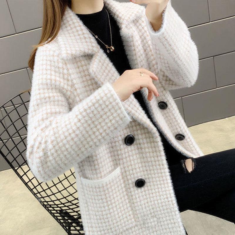 Women's Mid-Length Mink Coat Cardigan - Korean Style Loose Suit Collar Knitted Overcoat for Autumn and Spring