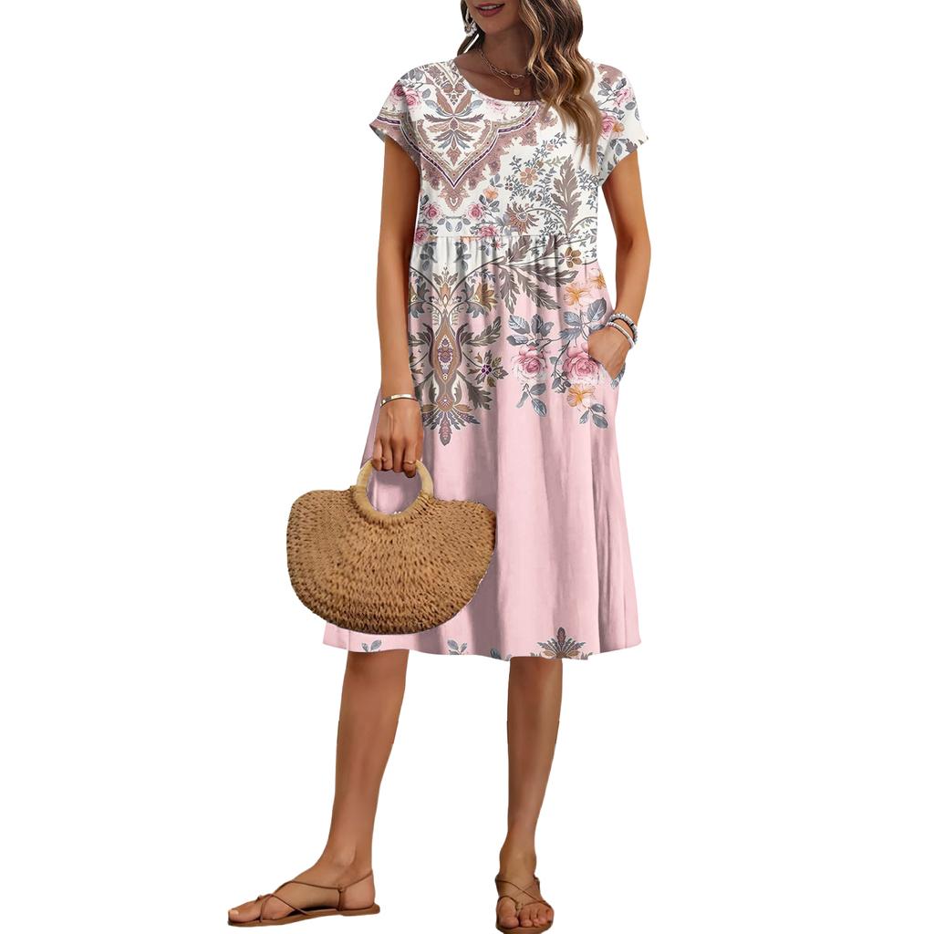 Women's Summer Fashion Casual Round Neck Short Sleeve Vintage Print Dress
